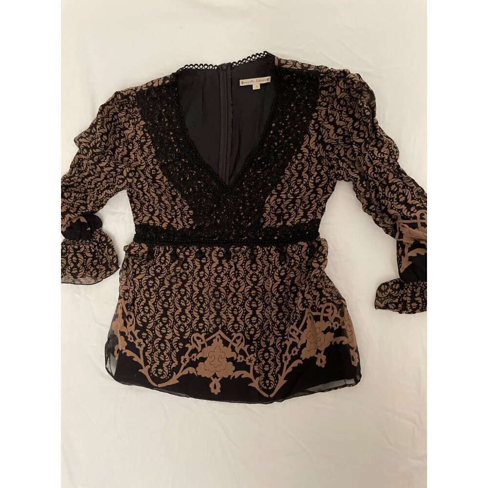 Anthropologie Whimsigoth Black & Brown detail Lace Print Dress w zipper back Lon